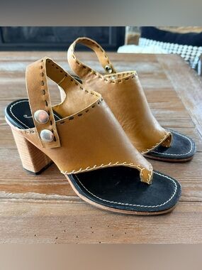 Free People Cognac Leather Slingback Block Heel Sandals